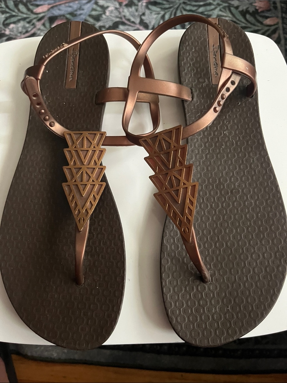 Metallic Bronze Geometric T-Strap Sandals - Women
